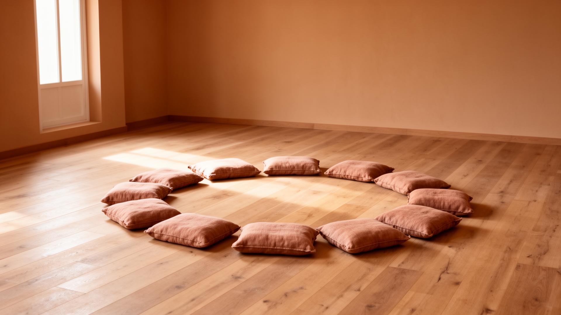 A warm minimal room with wood floors and a circle of cushions
